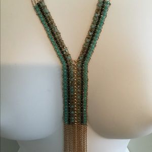 Aquamarine, Turquoise and Gold Bead V Style Necklace